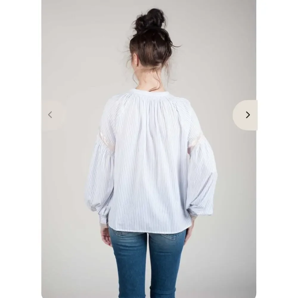 Ulla Johnson | Kora Blouse Puff Sleeve Striped Top Shimmer Porcelain Size 6 Med